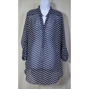Cato Woman's Large Black Tan Chevron Chiffon Roll Tab Sleeve Tunic Blouse